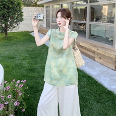 夏季复古风两件套宽松型印花透气时尚潮流，女装套装/套裙，诺蝶