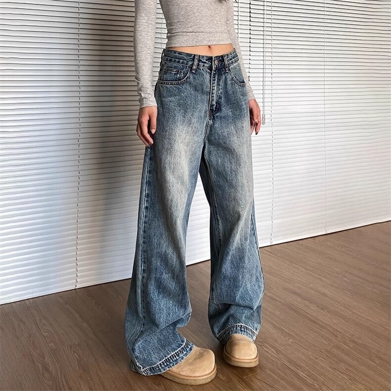 美式复古水洗渐变牛仔裤女cleanfit高街直筒裤子百搭长裤图片