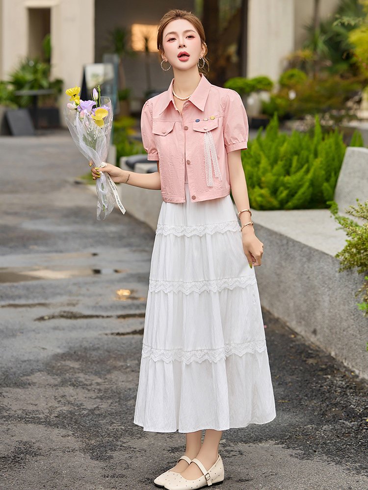短袖牛仔两件套连衣裙女2025夏季新款外套搭配蕾丝吊带蛋糕裙套装,女装套装/套裙,依路服饰
