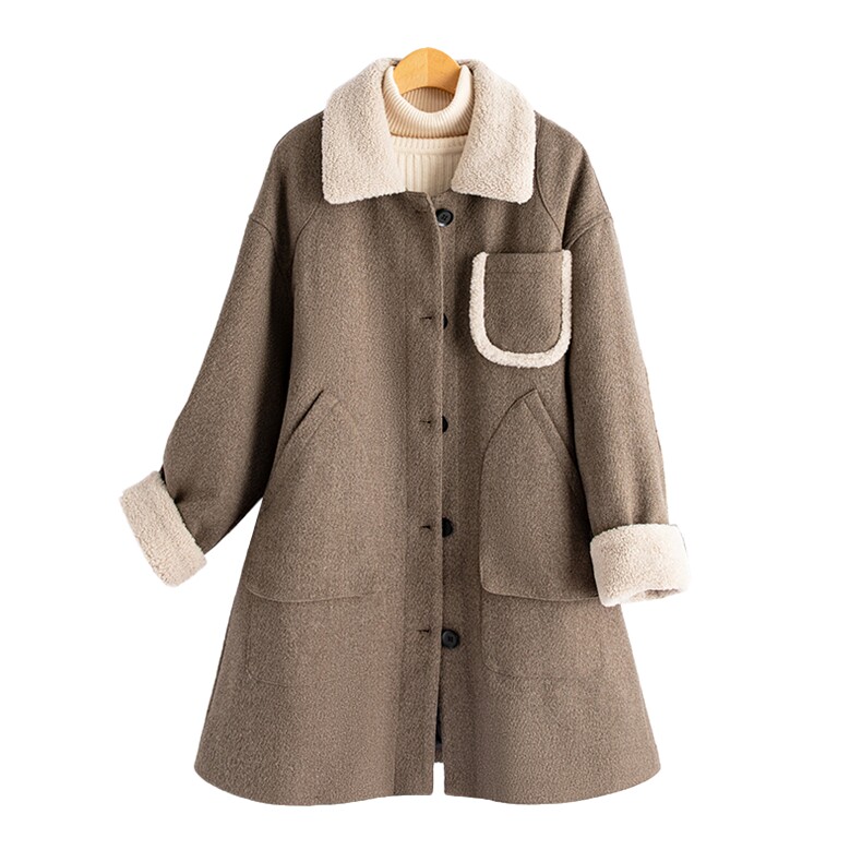 毛呢羽绒服外套女2025冬新款羊羔毛拼接翻领保暖白鸭绒内胆呢大衣,女装毛呢外套,水衣源