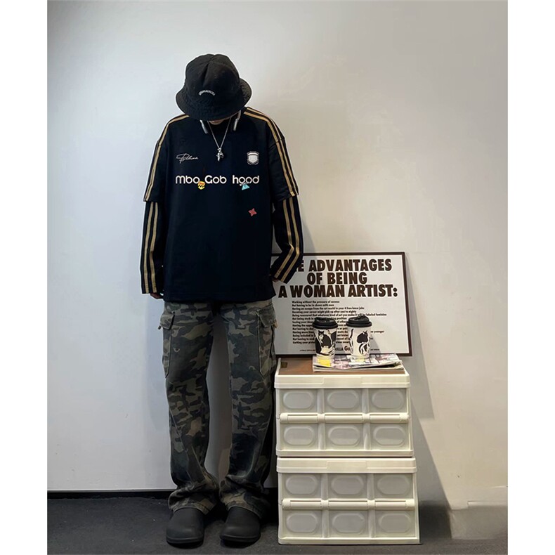 抖音得物式高街重磅结构织带假两件双纱纯棉印花长袖T恤AW10302,男装T恤,电商A443