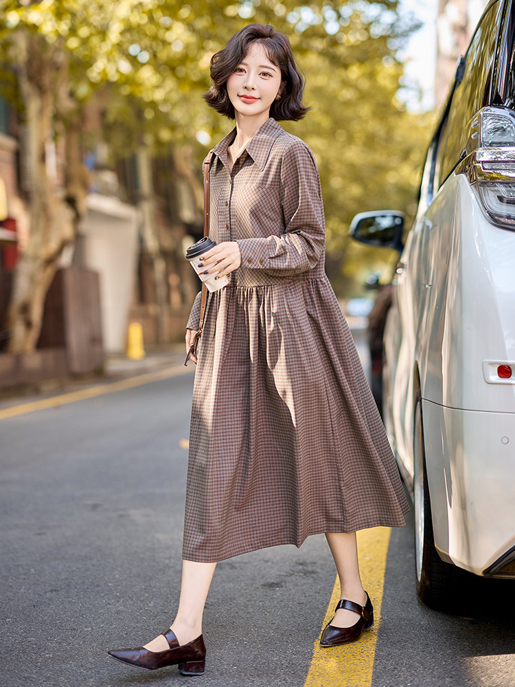 格纹衬衫连衣裙女2025春季新款宽松显瘦气质名媛收腰长裙,商品下架区,水衣源