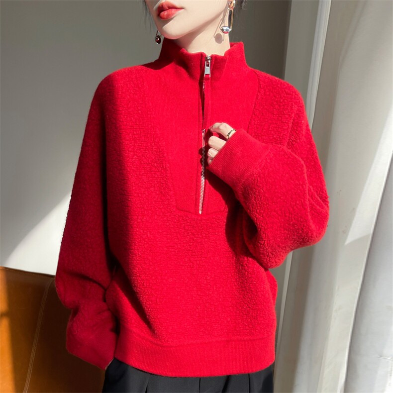 秋冬款半开拉链立领100%羊绒衫女毛巾绣宽松慵懒毛衣针织打底上衣，女装羊毛衫，东远绒业