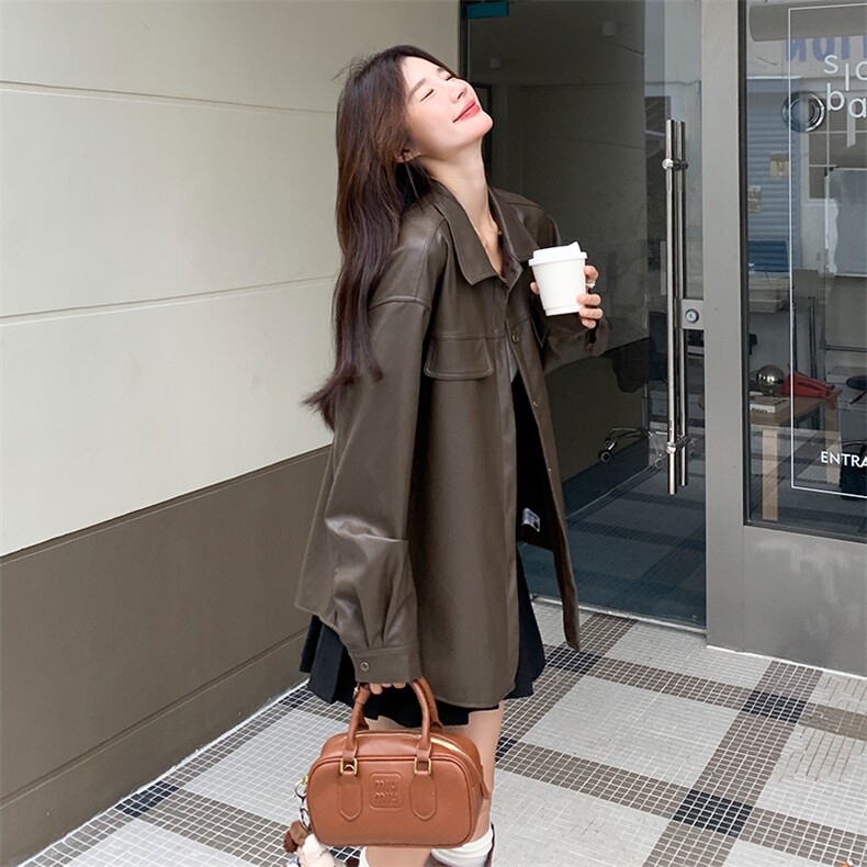 25秋季【现货新款】美拉德系深咖色衬衫领皮衣，女装皮衣，浙宝B116