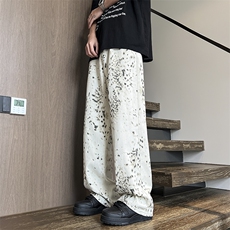 夏季薄款美式休闲裤男款复古豹纹设计感宽松微喇裤，男装休闲裤，星座410-7
