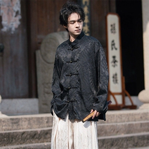 春夏新中式缎面海水江崖提花铜扣盘扣立领长袖男女衬衫30529 P75图片
