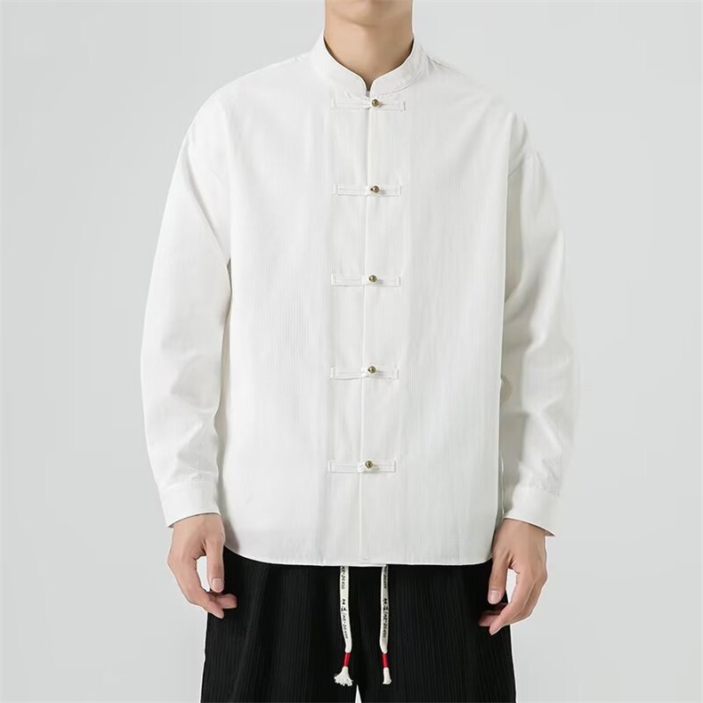 中式复古工装白衬衫禅意茶服男秋季长袖衬衣居士汉服J6911-P55图片