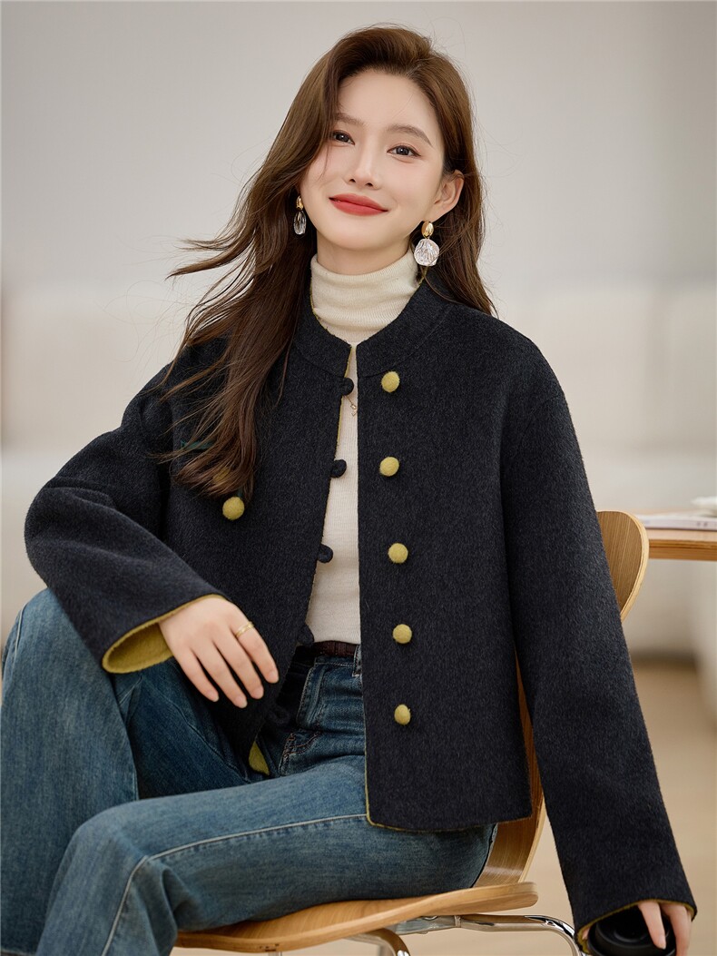 双面羊绒短款外套女秋冬新款时尚撞色高级感小个子新中式毛呢大衣,女装毛呢外套,众宇琦