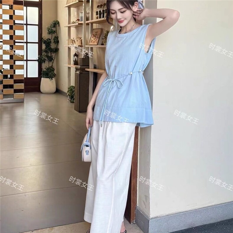 夏季新款韩系圆领系带无袖衬衫+阔腿裤两件套女显瘦时尚套装,针织衫/毛衣,雅鹿