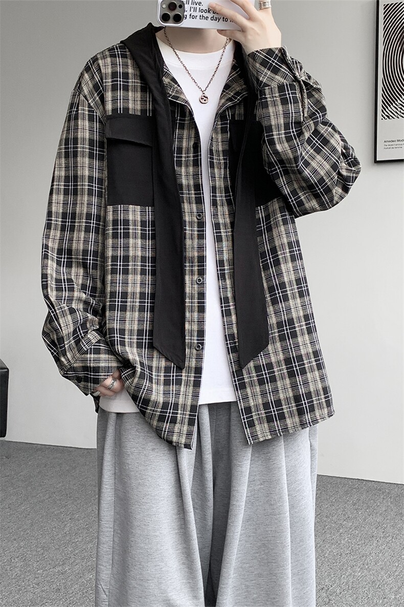 春夏新品原创小众设计感连帽系带长袖衬衫男士拼接格纹长袖衬衣潮,男装衬衫,电商B319