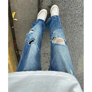 美式高街破洞牛仔裤男女经典复古破坏宽松水洗直筒阔腿裤拖地长裤图片