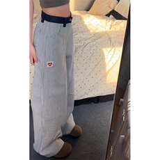 爱心刺绣美式复古竖条纹裤子男女设计感小众休闲裤直筒垂感，男装牛仔裤，星座601-1