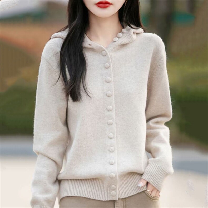 欧货连帽浅米色羊毛长袖针织开衫毛衣女2025春季新款减龄休闲上衣,女装羊毛衫,萱芳婷羊绒