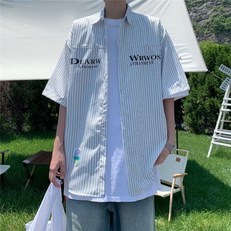条纹短袖衬衫男夏季潮牌高级感痞帅衬衣外套宽松大码五分袖上衣服,男装衬衫,星座1013