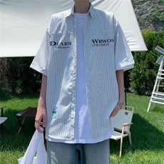 条纹短袖衬衫男夏季潮牌高级感痞帅衬衣外套宽松大码五分袖上衣服，男装衬衫，星座1013