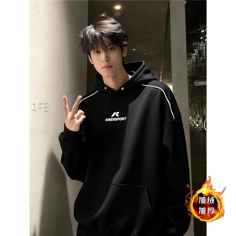 现货 美式加绒高街纽扣设计连帽卫衣W65/P48图片