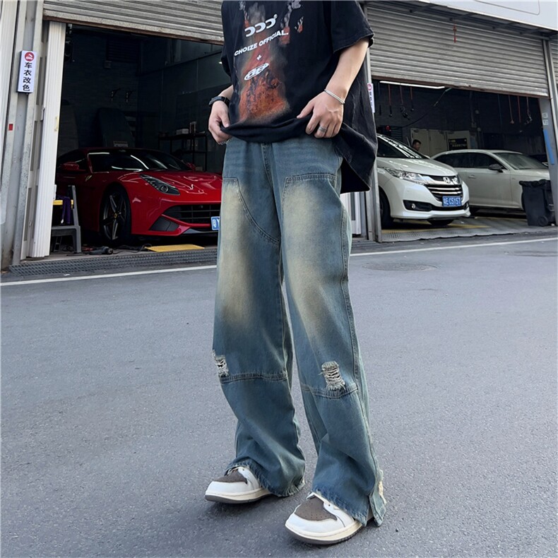 美式破洞黄泥染撞色牛仔裤男宽松直筒高街阔腿嘻哈长裤N002-P45,男装牛仔裤,星座308B-1