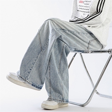 解构工装牛仔裤款宽直筒拼接裤子美式复古直筒裤A057-KZ858-特P43，男装牛仔裤，电商A057