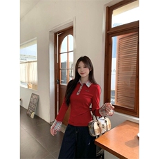 甜辣妹撞色拼接POLO领针织衫女冬季红色毛衣修身内搭长袖打底上衣，男装T恤，星座506A