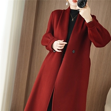 秋冬季新中式高端大气女装长款双面呢羊毛大衣复古毛呢外套女，女装双面呢大衣，贝源羊绒