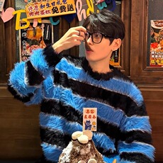 蓝黑条纹海马毛毛衣男秋冬季韩系风格穿搭外套慵懒风仿貂绒针织衫，男装针织衫/毛衣，星座410-6（原星座1304-1）
