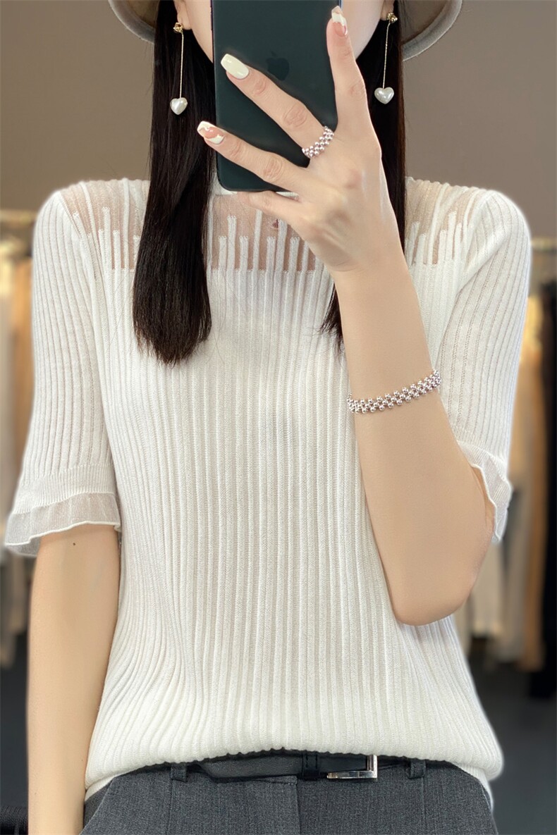 精纺羊毛蕾丝花边领针织短袖女薄款打底衫t恤夏上衣镂空宽松中袖,针织衫/毛衣,大美人包芯纱店