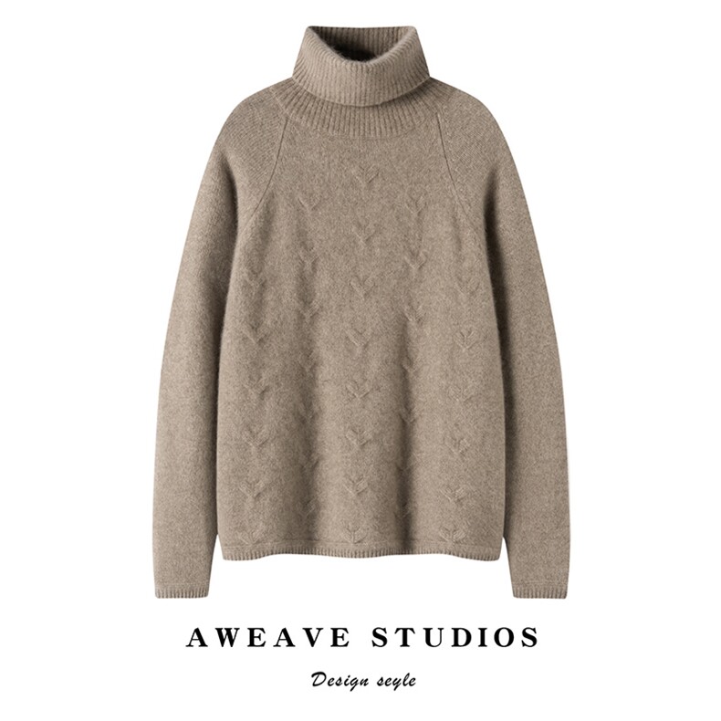 2025春秋新款羊绒衫女100纯山羊绒高翻领套头针织衫宽松纯色上衣，女装羊绒衫，咔绒特