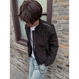 JY778-P62 美式短款垫肩外套男拉链小众设计感翻领正肩夹克图片