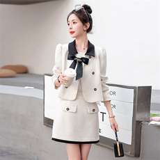 2023新款秋装小香风套装法式复古风半身裙撞色蝴蝶结上衣两件套，女装套装/套裙，卡杰菲