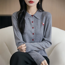 2025年新款上线夏季常规款开衫单件长袖落肩袖针织衫PoLo领，女装针织衫/毛衣，暖圣羊羊绒