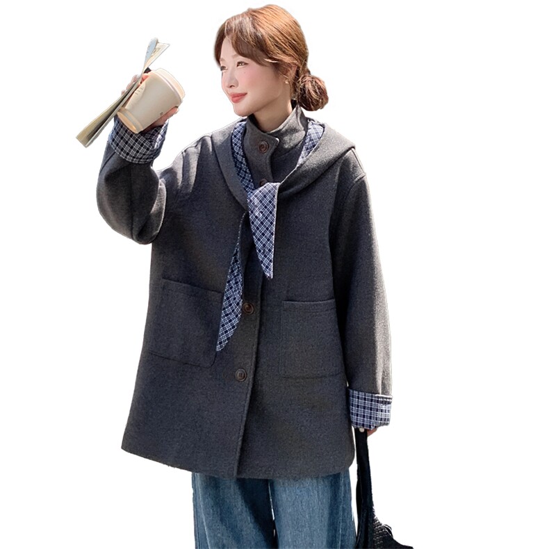 韩系格子拼接毛呢外套女2025冬季宽松显瘦中长款大衣,女装毛呢外套,纯色衣恋