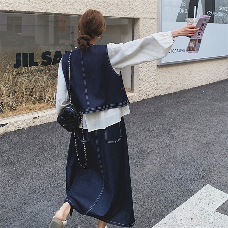 牛仔马甲衬衫半身裙套装女春秋2025新款休闲老钱风流行超火三件套,女装套装/套裙,2C293