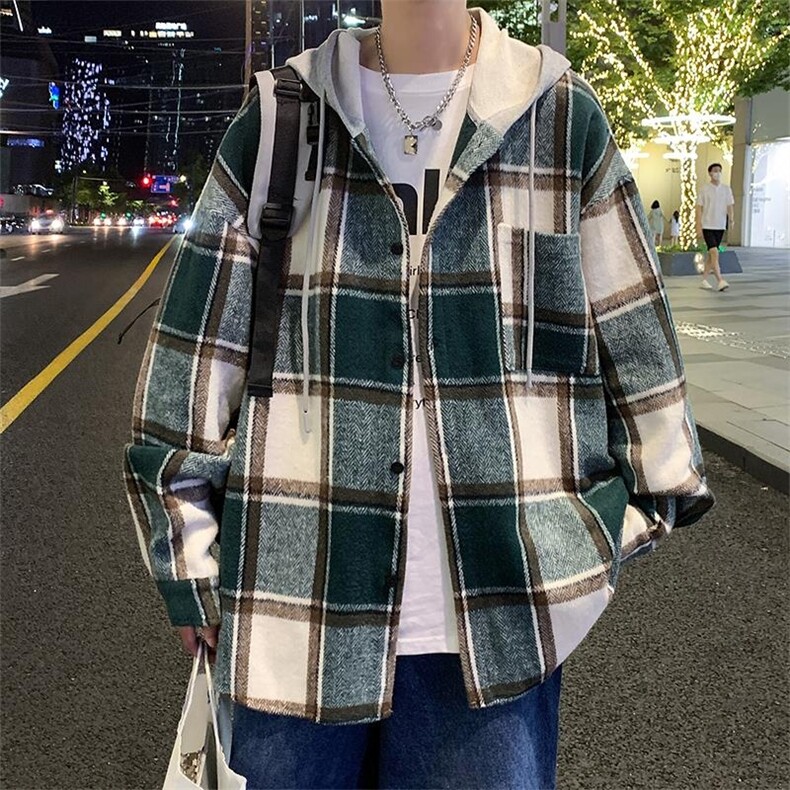 特批P38无差价24秋款呢料格子磨毛连帽衬衫男港风衬衣外套J25858,男装衬衫,电商A001-1