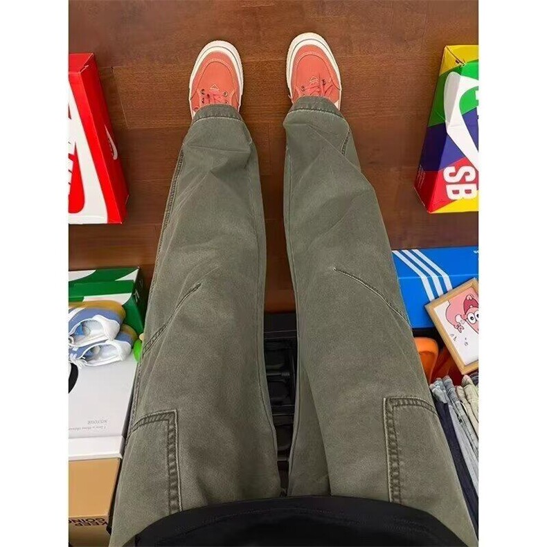 美式复古蓝色工装裤男款春秋褶皱裤子高街微喇宽松高腰直筒裤图片