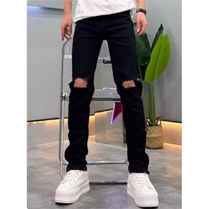 黑色牛仔裤男破洞夏季新款弹力修身小脚百搭时尚休闲裤子 N7215图片