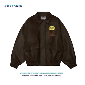 美式街头字母刺绣飞行员PU皮衣夹克男春秋潮牌宽松情侣棒球服外套图片