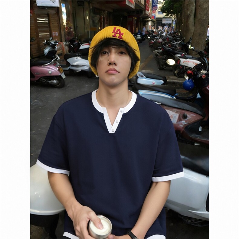 2026夏季新款潮亨利领拼色小V领索罗娜短袖T恤TX701-P35,男装T恤,电商C310