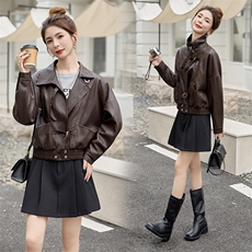 西装领长袖外套短款PU皮夹克2025春秋季新款女小个子时尚百搭上衣，女装皮衣，美拉德工厂直营店