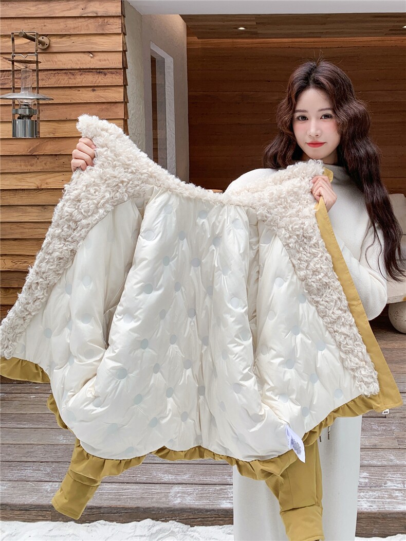 黄色大翻领羊羔毛拼接羽绒服女冬季2025新款小个子短款加厚派克服,女装羽绒服,慧尚依恋