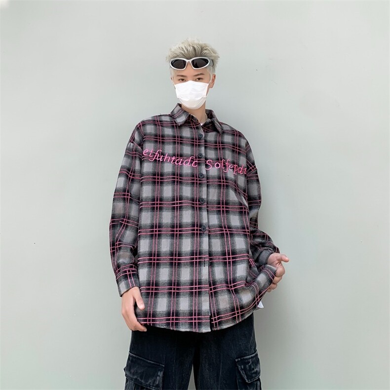 vintage美式刺绣格子衬衫短袖男痞帅高级感格纹衬衣cle,男装T恤,星座218-1（原230）