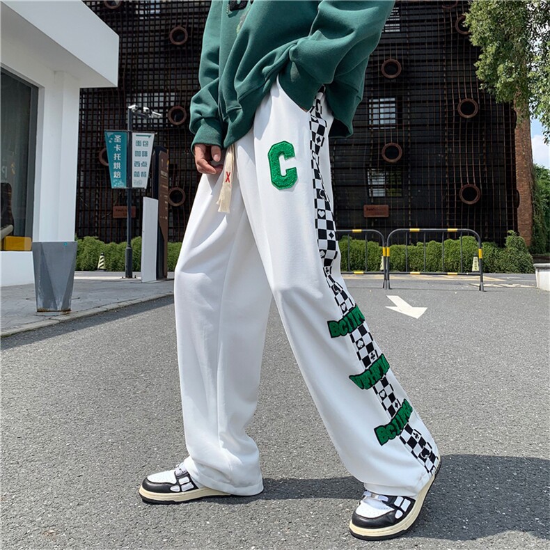 直筒休闲裤男拼接格子高街运动潮牌ins百搭青少年裤子K0304-P35图片