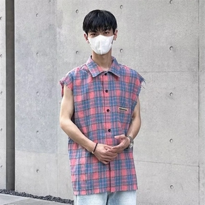 C255-P28 美式街头格子翻领马甲背心无袖衬衫男女潮牌嘻哈宽松图片