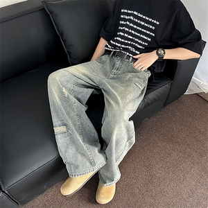 破洞牛仔裤男夏季2025新款美式潮牌拖地裤子直筒宽松阔腿长裤图片