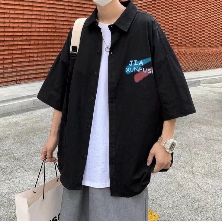 cityboy复古衬衫男夏季薄款潮流短袖衬衣设计感小众阿美咔叽外套,男装衬衫,星座506A