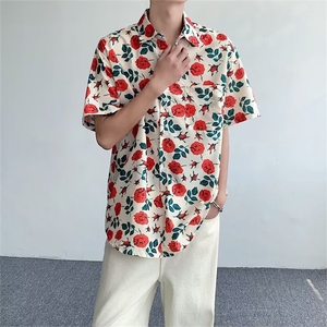 港风复古花卉满印短袖衬衫男夏季设计感宽松休闲夏威夷花衬衣C665图片