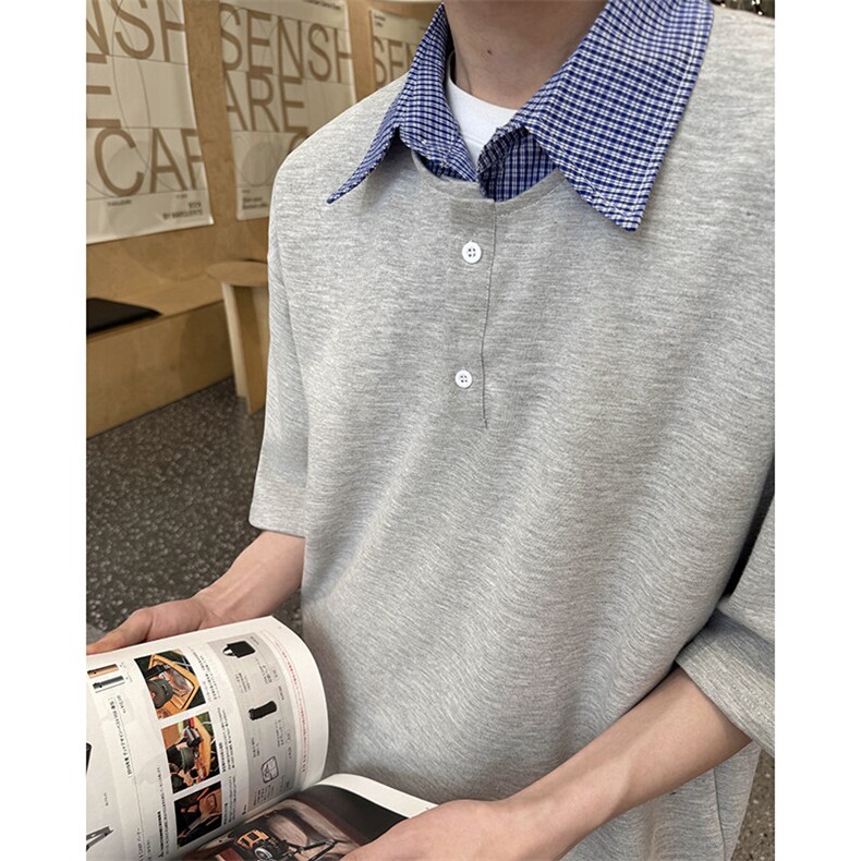 8XL-M格纹拼接假两件短袖t恤大码美式重磅polo翻领半袖DX1218/P48,男装T恤,电商B238