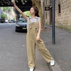 韩版学院风减龄工装背带裤女2025夏季新款法式宽松显瘦盐系阔腿裤，女装连体裤，辉之琳