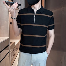 2025夏季短袖针织冰丝条纹短袖翻领Polo衫F6182-P55，男装T恤，电商D342