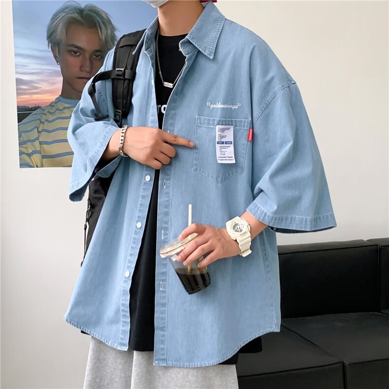 夏季新款男士牛仔短袖衬衣潮酷流行时尚五分袖衬衫男士上衣C1361,男装衬衫,星座1013