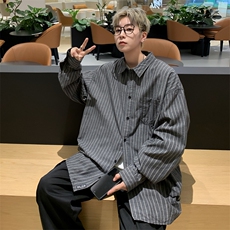 复古潮牌学院风长袖宽松衬衣春季日系复古条纹衬衫男士W7955-P32，男装衬衫，星座512-4